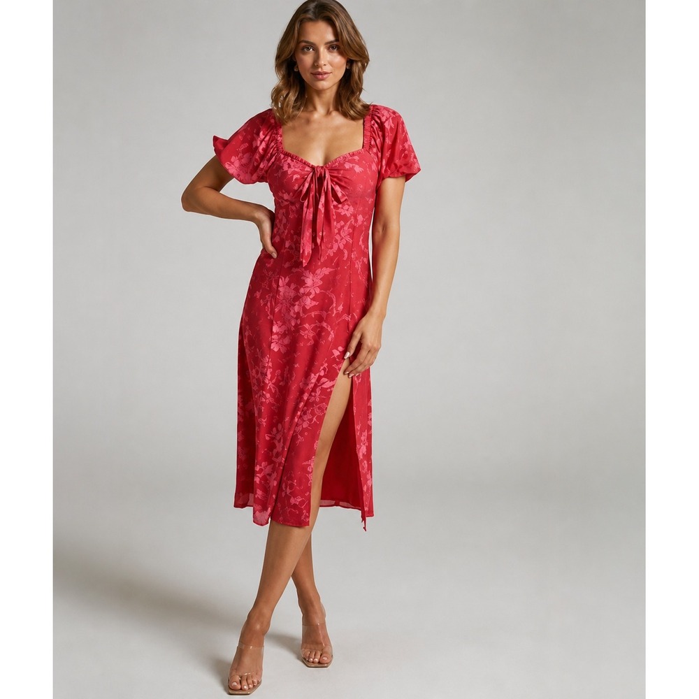 Showpo Red Floral Midi Dress Sweetheart Neck Side Slit Puffy Sleeve Size 2